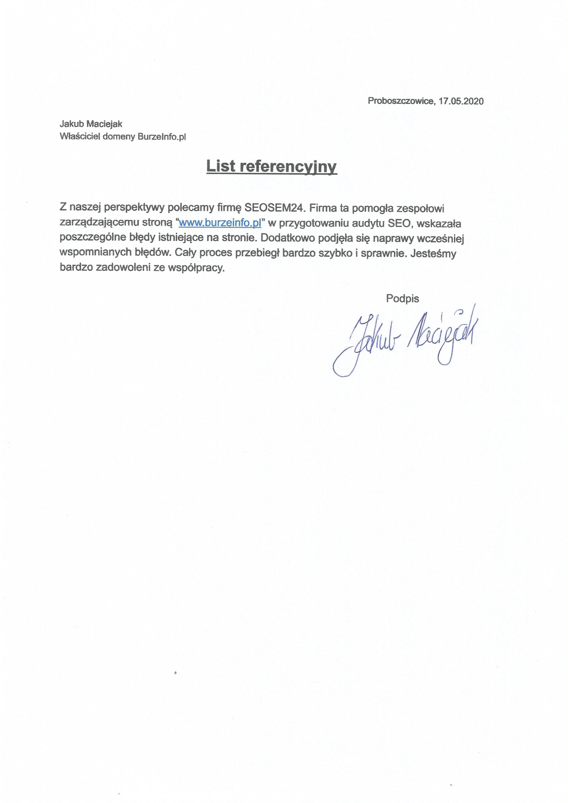 BurzeInfo referencje dla seosem24.pl