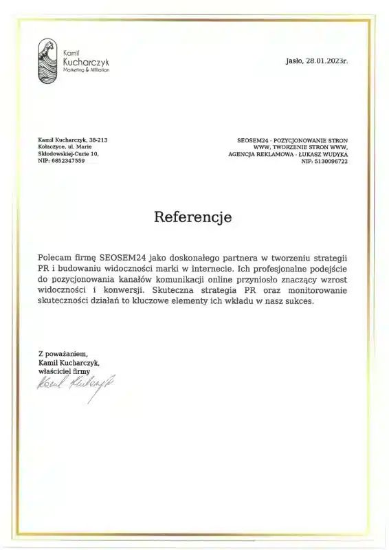 Pozycjonowanie Abramów - Najlepsza agencja SEO Abramów - Referencja Kamil Kucharczyk Marketing&Afillation