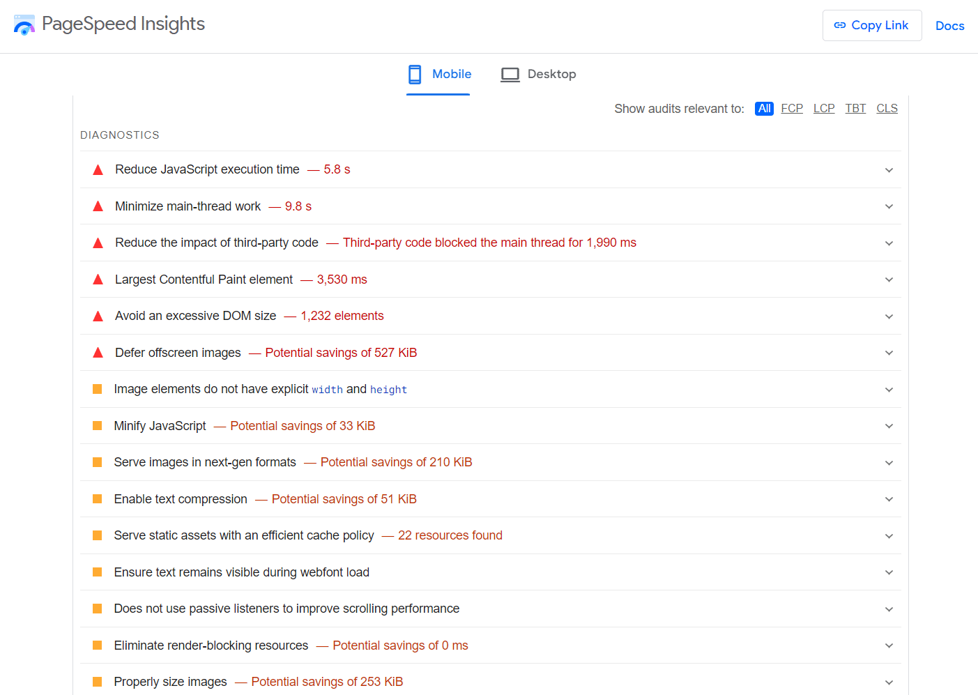 Firma reklamowa w Lublinie - diagnostyka wydajności PageSpeed Insights.