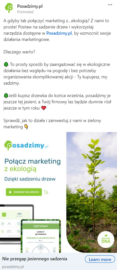 Marketing internetowy w Bielsku-Białej - Reklama - połączenie działań marketingowych z ekologią przez sadzenie drzew.