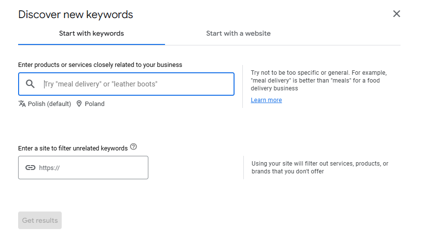 Planer słów kluczowych Google.